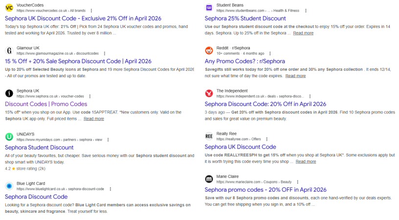 sephora discount codes search results